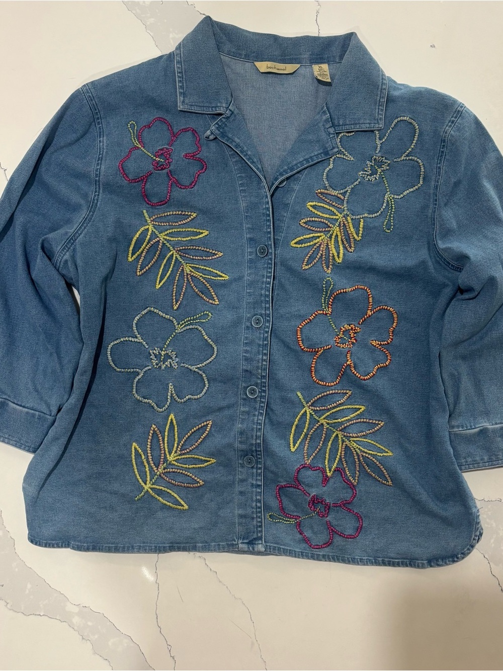 Bechamel Embroidered Floral Denim Button-Up Shirt XL